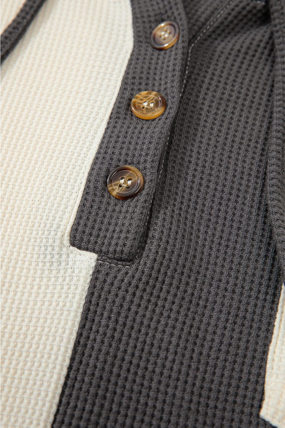 Dark Grey Waffle Colorblock Buttons Placket Drop Shoulder Drawstring Hoodie - Love Salve